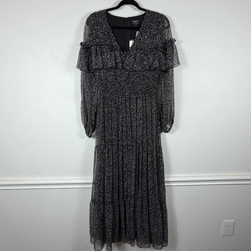 Bardot Dress Womens M NWT Smocked Kamila Black White Print Chiffon Maxi Coquette